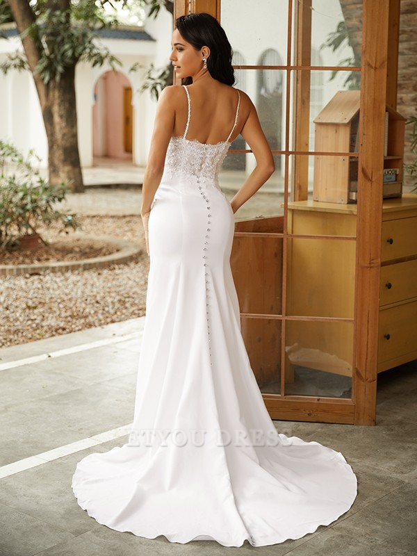 Mermaid V-neck Spaghetti Straps Sleeveless Lace Train formal dresses evening gown Prom Dress Wedding Dresses